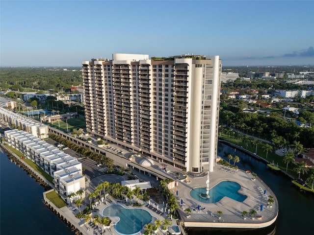 aerial view featuring a water view