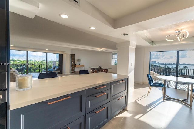 kitchen with light stone countertops and a raised ceiling