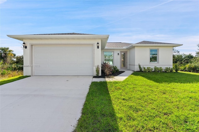 ranch-style home with a garage and a front yard