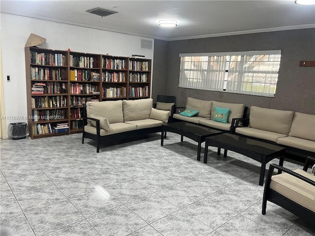 tiled living room featuring ornamental molding