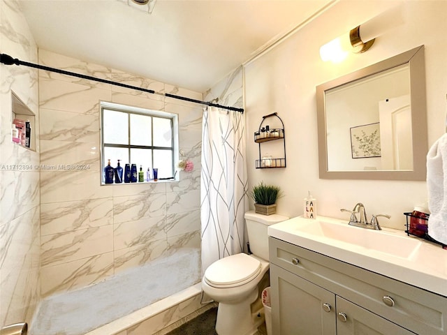 bathroom featuring toilet, vanity, and walk in shower