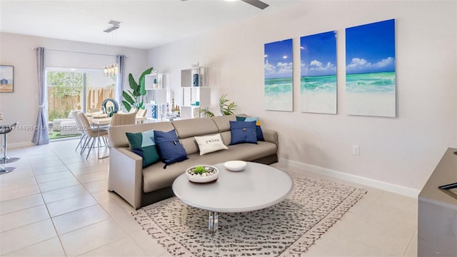 living room featuring light tile patterned flooring