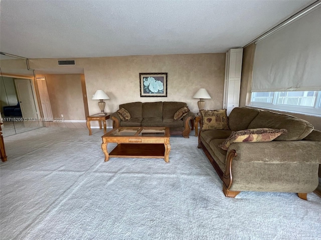 carpeted living room featuring a textured ceiling