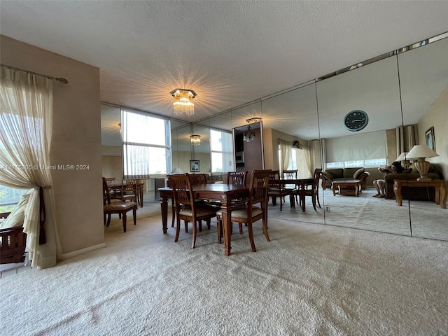 dining space featuring a textured ceiling and carpet floors