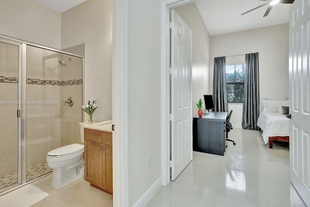 bathroom featuring tile patterned floors, vanity, a shower with door, ceiling fan, and toilet