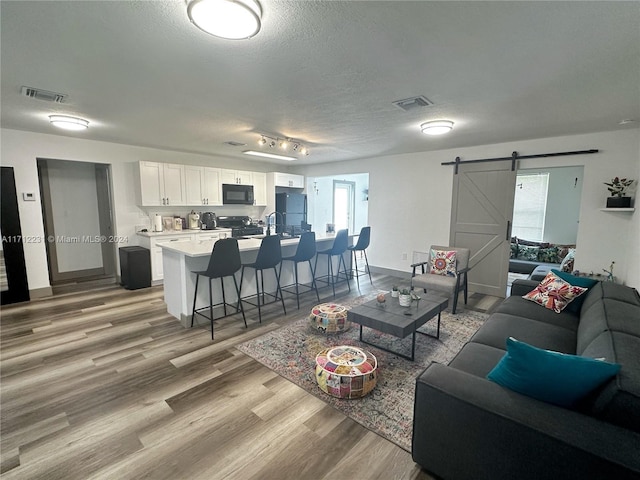 living room featuring rail lighting, sink, a barn door, a textured ceiling, and light hardwood / wood-style floors