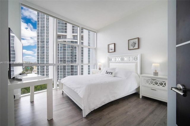 bedroom featuring floor to ceiling windows and dark hardwood / wood-style flooring