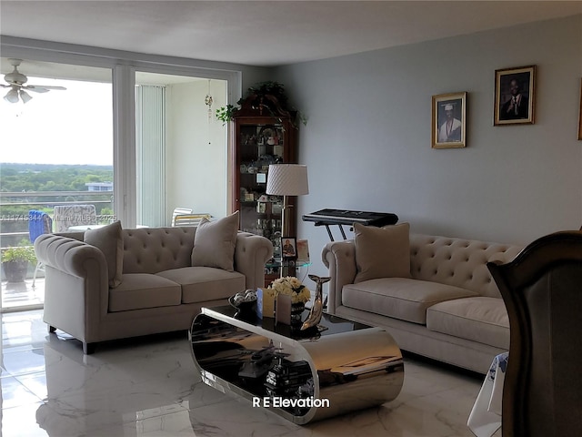 living room featuring ceiling fan