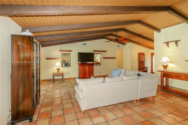 living room with vaulted ceiling with beams, ceiling fan, and wood ceiling