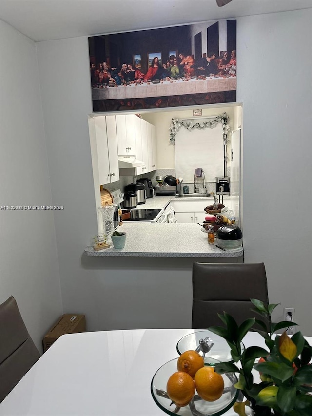 kitchen featuring under cabinet range hood, a sink, white cabinets, light countertops, and range