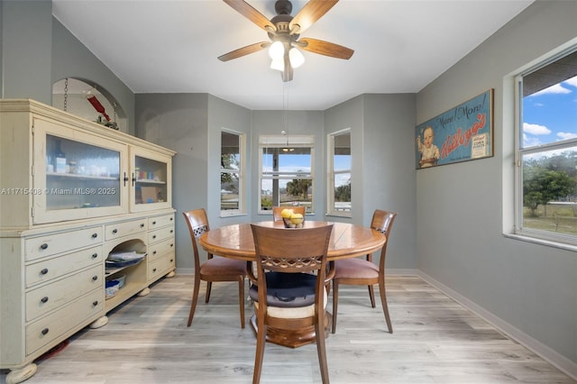 dining space featuring light hardwood / wood-style flooring and ceiling fan