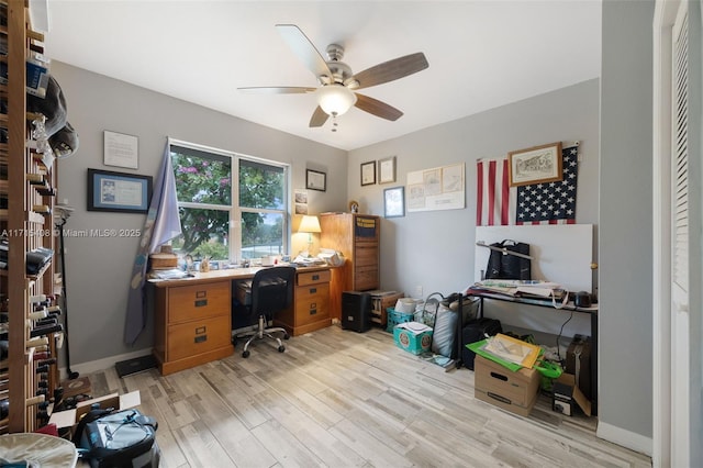 office area with ceiling fan and light hardwood / wood-style flooring