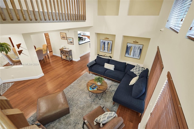 living room with a high ceiling and hardwood / wood-style flooring