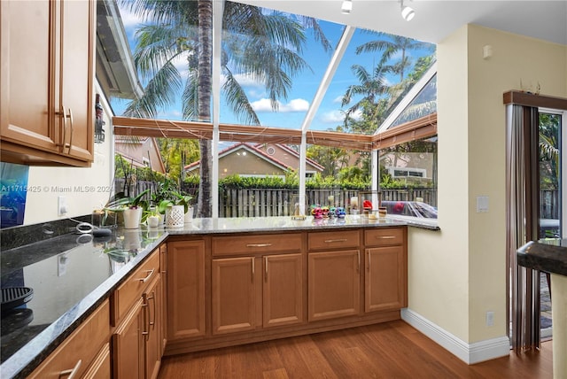 kitchen with a wealth of natural light, stone counters, and light hardwood / wood-style floors