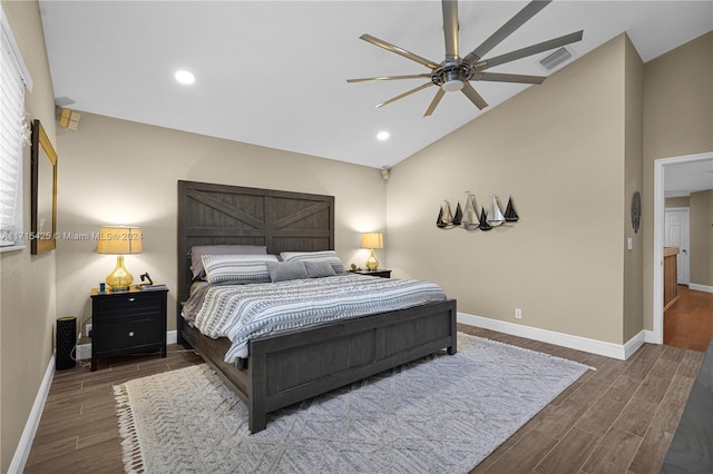 bedroom with ceiling fan and lofted ceiling