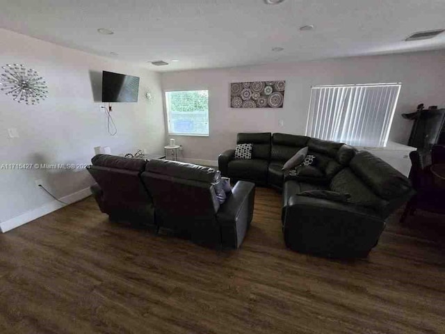 living room with dark hardwood / wood-style flooring