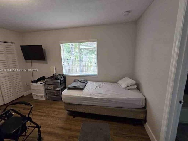 bedroom featuring dark wood-type flooring and a closet