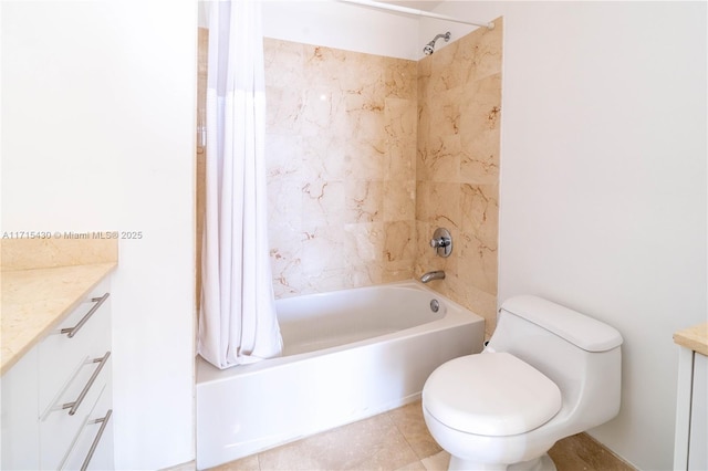 full bath featuring shower / bath combo, vanity, and toilet