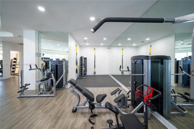 workout area featuring wood finished floors, a wealth of natural light, and recessed lighting