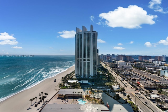 drone / aerial view with a water view and a view of the beach