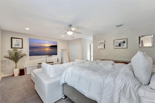 carpeted bedroom with visible vents, recessed lighting, baseboards, and ceiling fan