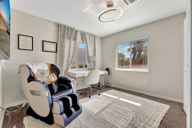 home office with visible vents, baseboards, and carpet floors