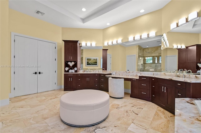 bathroom featuring a raised ceiling, vanity, and tiled shower