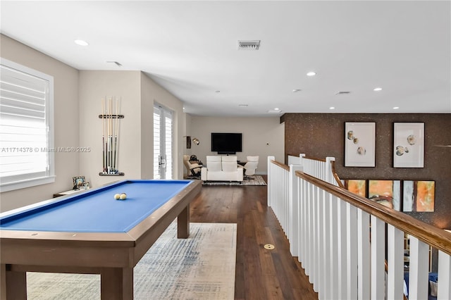 playroom featuring billiards and dark hardwood / wood-style floors