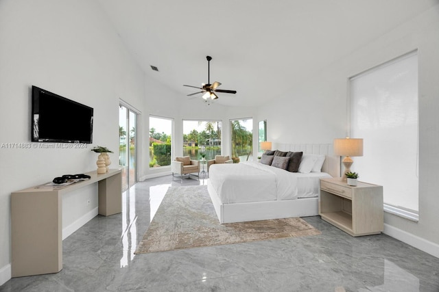 bedroom with high vaulted ceiling and ceiling fan