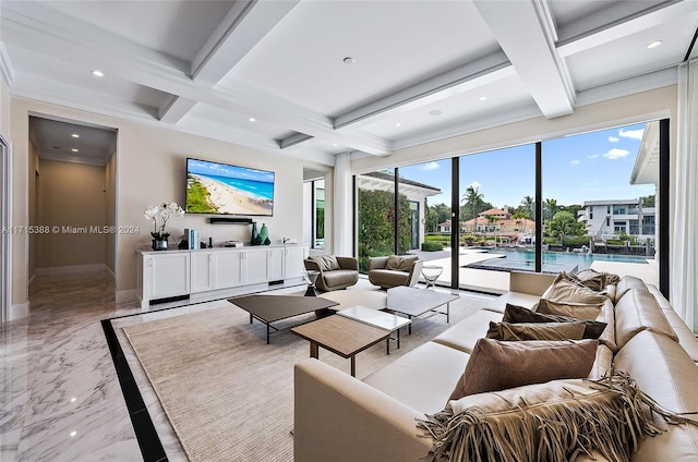 living room with beam ceiling and coffered ceiling