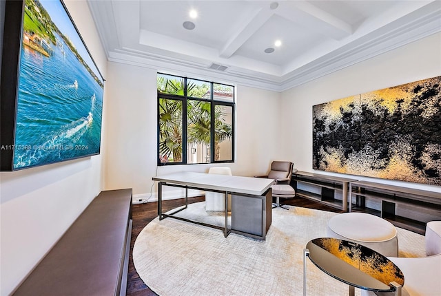 office with beamed ceiling, wood-type flooring, crown molding, and coffered ceiling