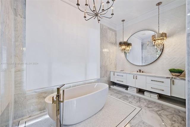 bathroom featuring ornamental molding, vanity, an inviting chandelier, tile walls, and a tub