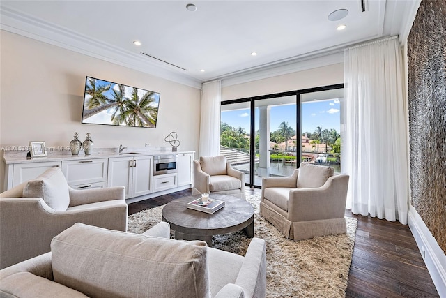 living room with bar, dark hardwood / wood-style flooring, and ornamental molding