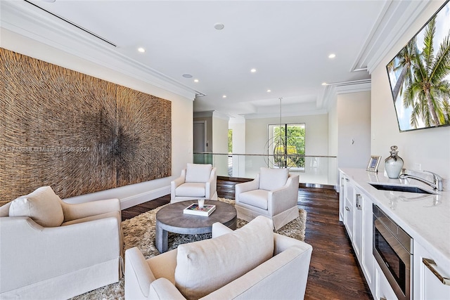 living room with dark hardwood / wood-style floors, ornamental molding, and sink