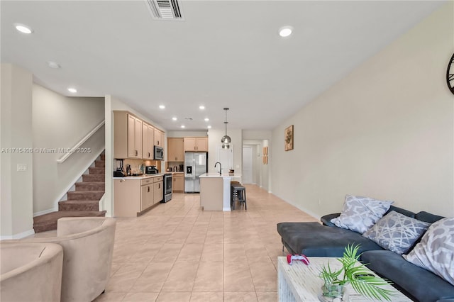 tiled living room with sink