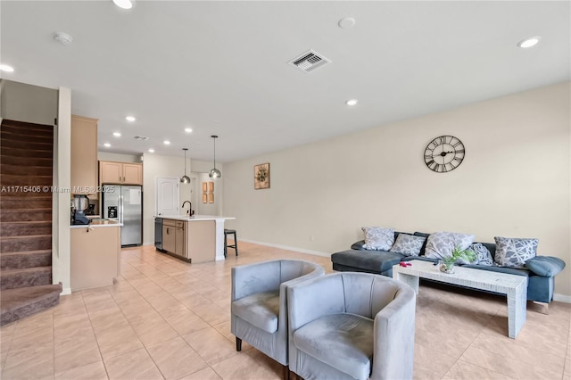 tiled living room with sink