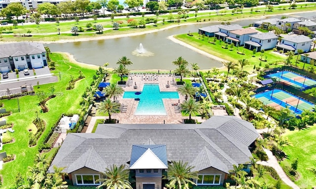 bird's eye view with a water view