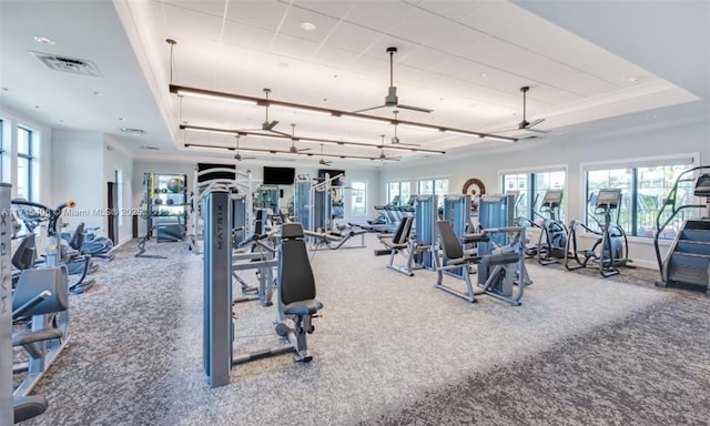 exercise room with a tray ceiling