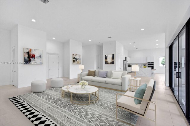 living room featuring light tile patterned floors