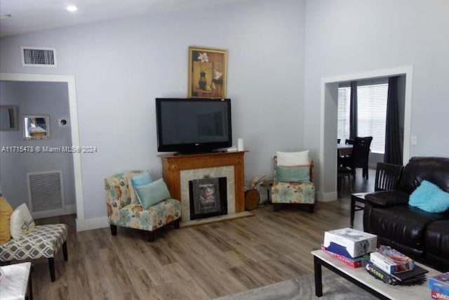 living room featuring lofted ceiling, wood-type flooring, and a fireplace