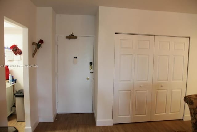 interior space with dark wood-style floors, a closet, and baseboards