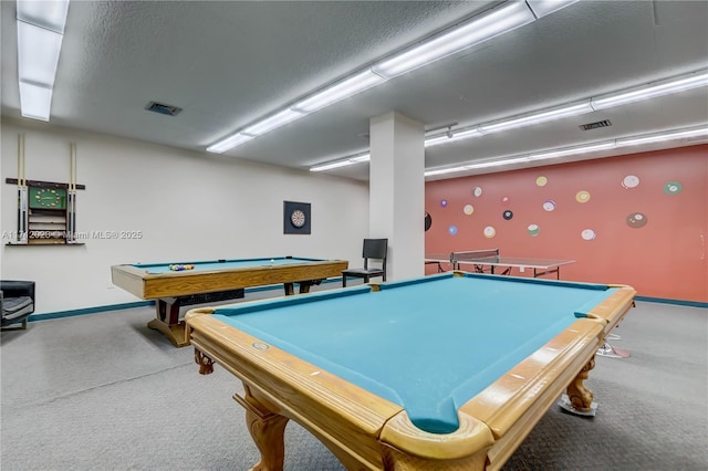 game room with baseboards, visible vents, a textured ceiling, and pool table