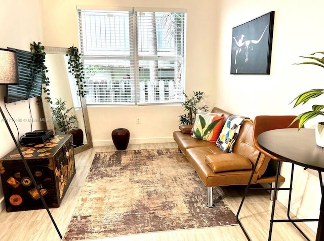 living area with light wood-type flooring and a healthy amount of sunlight