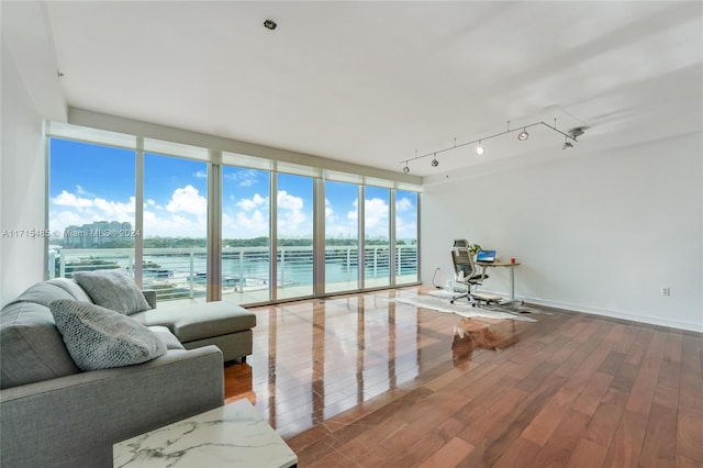 living room with a water view, wood-type flooring, rail lighting, and a wealth of natural light