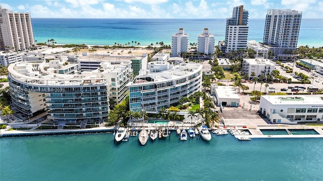 drone / aerial view with a city view and a water view