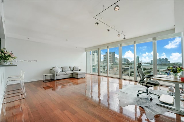 office area with hardwood / wood-style flooring, plenty of natural light, expansive windows, and rail lighting