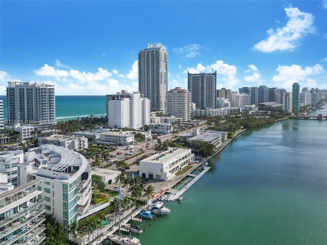 drone / aerial view with a city view and a water view