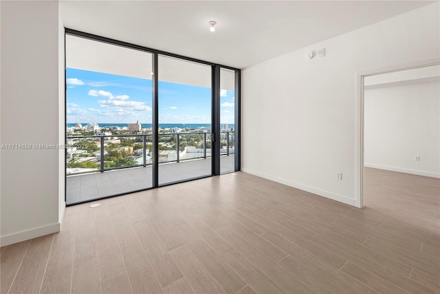 empty room with a wall of windows and light hardwood / wood-style flooring