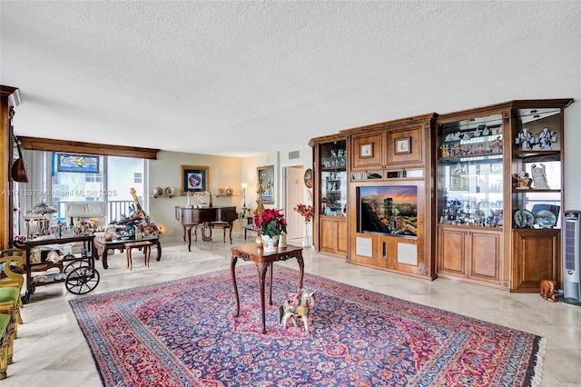 living room featuring a textured ceiling