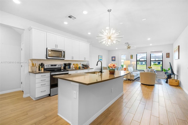 kitchen with white cabinetry, sink, pendant lighting, and appliances with stainless steel finishes